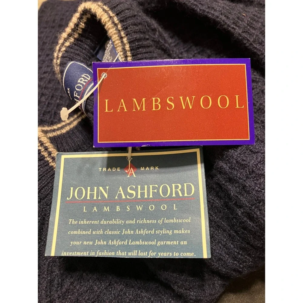 John Ashford Lambswool Sweater L Navy Blue‎ Waffle Knit Crewneck NWT 8730